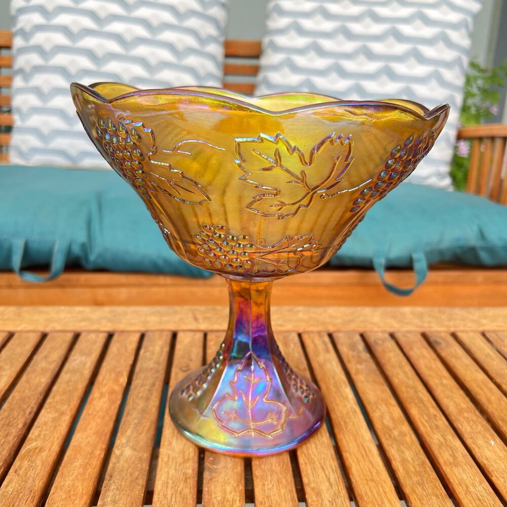 Vintage Amber Marigold CARNIVAL GLASS Compote Pedestal BOWL Iridescent Grapes